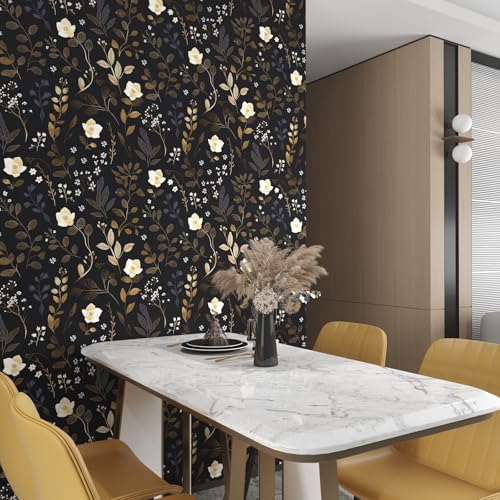 Gold Leaf Peel and Stick Wallpaper Boho Leaf Contact Paper Dark Floral Removable Self Adhesive Waterproof Wall Paper for Cabinet Drawers Wall Decor Renter Friendly 17.5''x118.1''