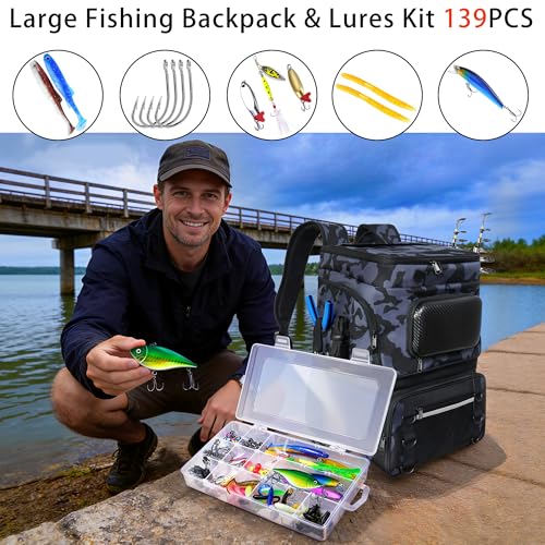 SKAITU Camo Fishing Backpack with Rod Holder, Cooler & 139 Lures, Large 50L Tackle Bag