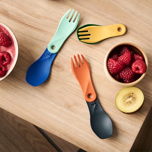 Humangear GoBites Bio Spin Folding Spork - Compact Eco-Friendly Travel & Camping Utensil with Carabiner, Dark Blue/Mint Green