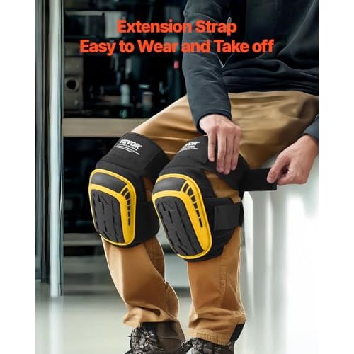 VEVOR Knee Pads for Work, Extended Heavy Duty Construction Knee Pads with 2 Extension Straps, Foam Gel Cushion, Anti-slip for Gardening Flooring Roofing and Cleaning, Men & Women, Yellow and Black