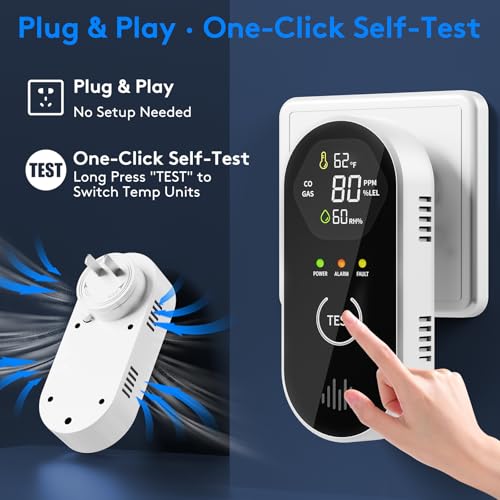 Carbon Monoxide Detectors Plug in, 4-in-1 CO & Natural Gas Leak Detector, 85dB Loud Alarm, Digital Display, Portable, Easy Install, Suitable for Home, RV, Camper, Ensures Peace of Mind
