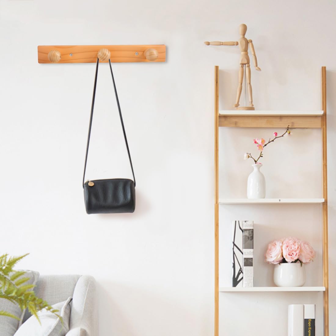 DBlosp Wall Mounted Coat Rack, Wooden 13.85'' Hole to Hole,Bamboo Wall Hook for with 3 Hooks(2-Pack), Modern, Space-Saving Storage Organizer, Natural