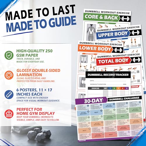 Dumbbell Workout Posters - 6 Pack Exercise Charts with QR Code