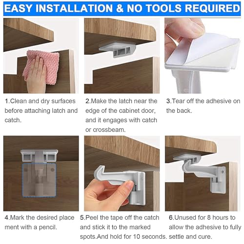 20 Pack Upgraded Invisible Baby Proofing Cabinet Latch Locks ? No Drilling & Tools Needed, Fits Most Cabinets & Drawers, Works with Countertop Overhangs, Strong Adhesive for Easy & Secure Installation