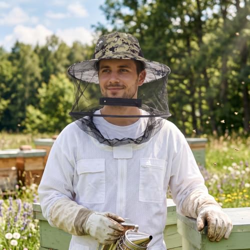 Sucrain Camouflage Mosquito Head Net Hat Sun Hat with Hidden Mesh for Outdoor Gardening & Beekeeping