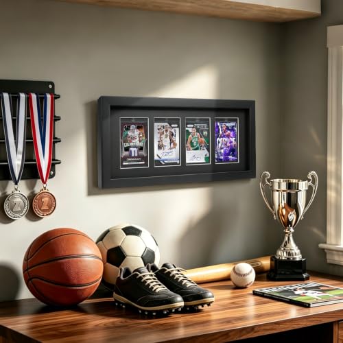 Solid Fir Wood 4-Grid Trading Card Display Frame with 4 x 35pt Holders, Black - Wall Mount