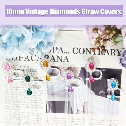 6-Piece 10mm Glitter Straw Covers Set - Vintage Diamond Style - Pearl Diamond