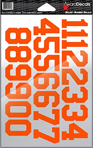 Award Decals 1.5" Orange Helmet Numbers, 4 Sheets (84 Numbers), 20mil Vinyl
