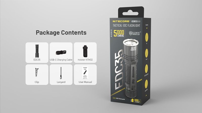 Nitecore EDC35 5000 Lumen LED USB-C Rechargeable Flood/spot Beam Tactical Flashlight, Battery, Paracord Lanyard with EdisonBright Accessory case