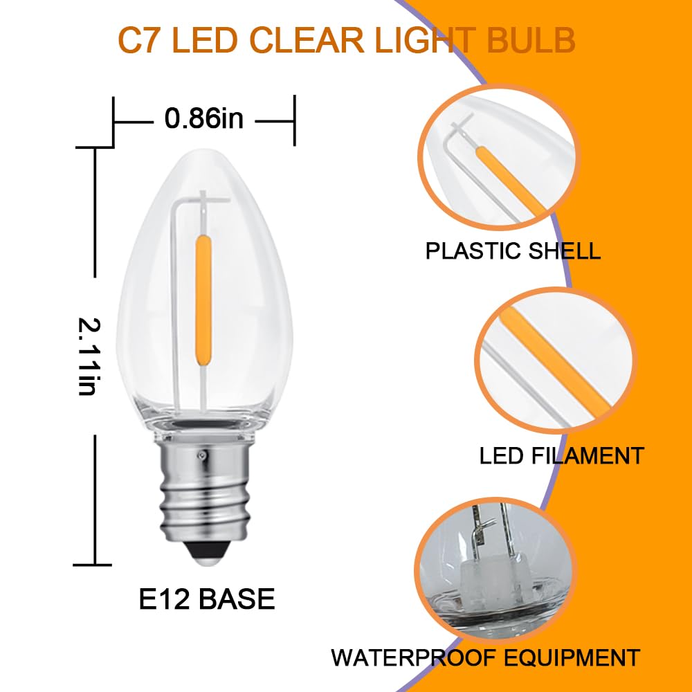 NETEHA 15 Pack C7 Clear Led Replacement Christmas Light Bulb, C7 E12 Base 120V Waterproof Led Bulbs for Christmas Outdoor String Lights, Halloween Decoration Bulb