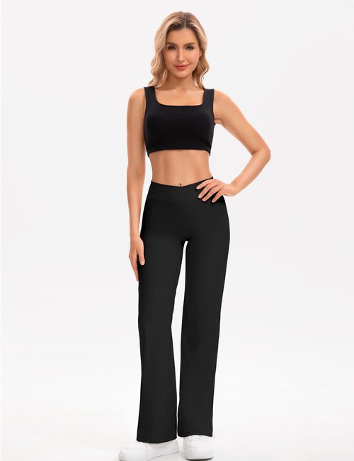 Ieumaz Straight Leggings for Women V Crossover High Waisted Wide Leg Yoga Pants Stretch Casual Gym Workout Yoga Pants Black