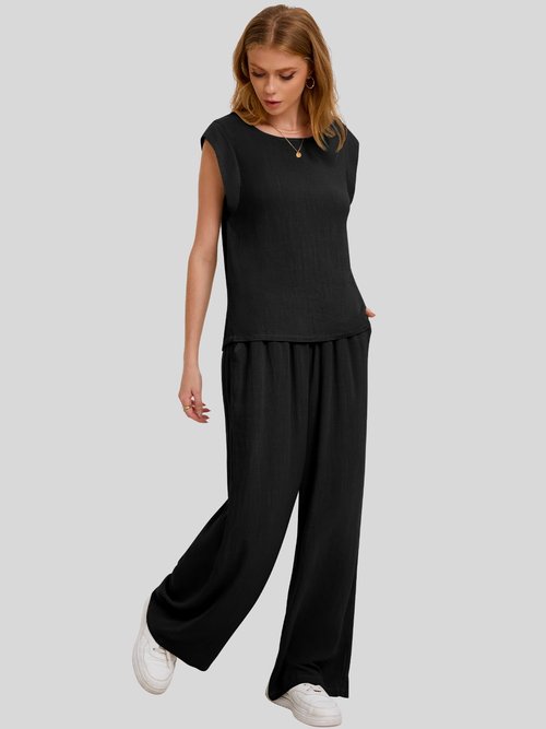 Bloggerlove Womens Summer 2 Piece Outfits Sleeveless Tank Top Wide Leg Pants Linen Jumpsuits Lounge Matching Beach Sets