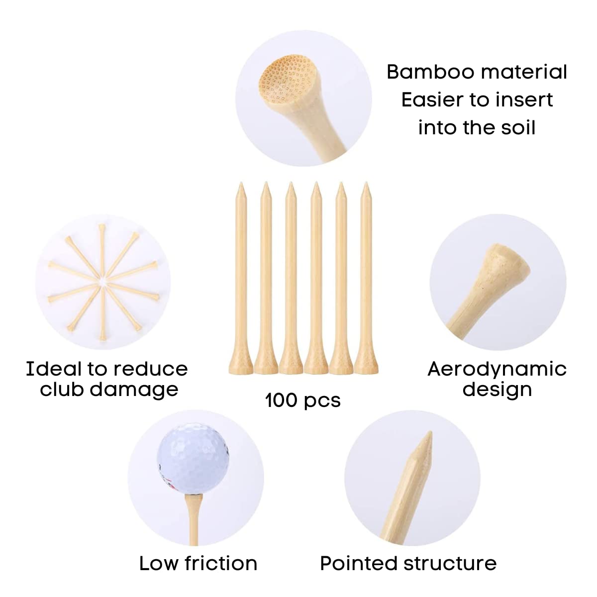 BluBall Bamboo Golf Tees - Adjustable Bamboo Tees Stronger Than Wood - 100 Golf Tee Pack of Size 3-1/4 Inch | Biodegradable Golf Tees Cause Less Friction