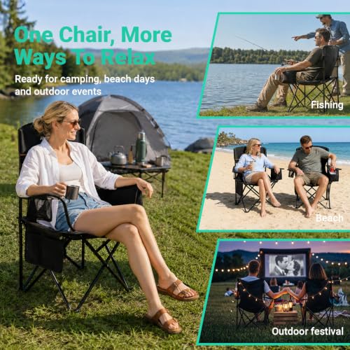 Overmont Lightweight Camping Chair with 3-Can Cooler, Black & Navy, 250 lb Capacity