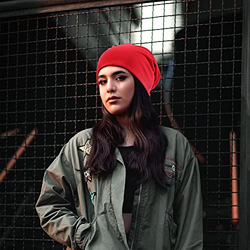 Unisex Baggy Cotton Beanie Hat - Lightweight Slouchy Cap - Red