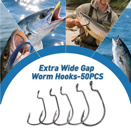 EWG Fishing Hooks Set - 50Pcs Wide Gap Offset Worm Hooks 1-4/0
