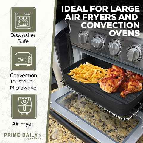 Prime Daily Essentials Silicone Air Fryer Toaster Oven Tray Liner – Extra-Large Capacity, Microwave Safe, Easy Cleanup - Includes Mitts & Tongs