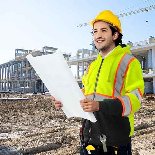 Hi Vis Safety Hoodie for Men ANSI Class 3, Reflective Jacket Zip Hoodie with Black Bottom for Construction Work
