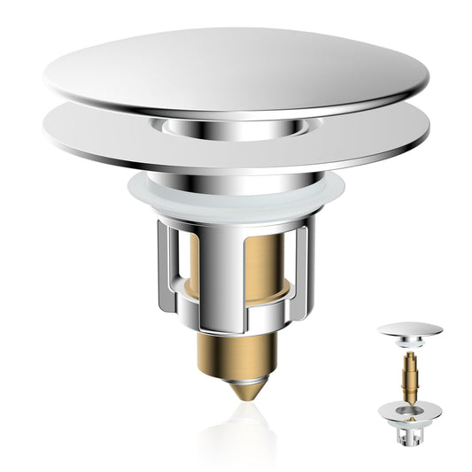 iFealClear Universal Bathroom Sink Stopper, Metal Pop Up Sink Drain Strainer with Detachable Hair Catcher, Fits 1.1"-2.36" US Basin, Wash Basin Drain Plug with Big Cover Cap, Brass Bounce Core, Chrome