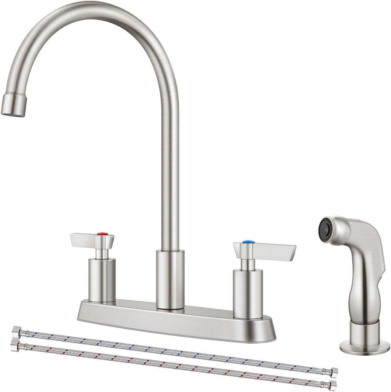 Brushed Nickel Kitchen Faucet with Sprayer - 2 Handle 8-Inch Centerset 3 Hole
