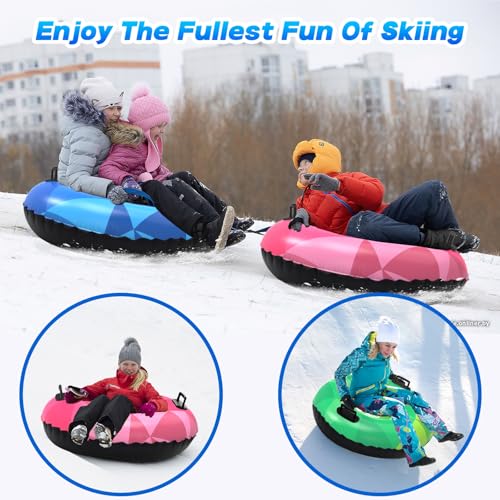 Inflatable Snow Tubes - 3 Pack Heavy Duty Sleds for Family Fun - Green, Pink, Blue