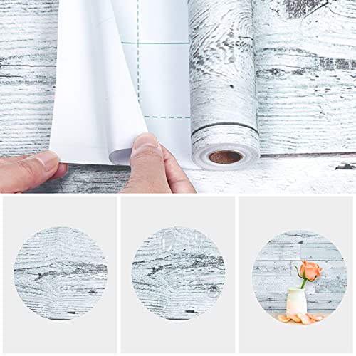 WENMER 17.71" x 118" Grey White Wood Contact Paper Wallpaper Wood Peel and Stick Wallpaper Self Adhesive Removable Wallpaper Vintage Wood Wallpaper for Countertop Cabinet Shelf Drawer Door