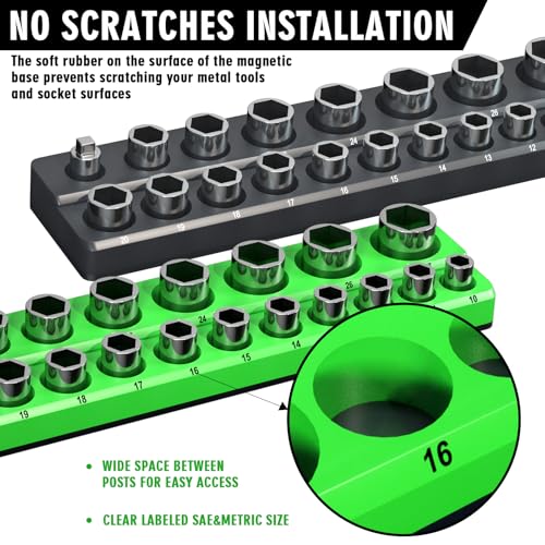 Magnetic Socket Organizer Holder Set For Tool Box Drawer, Toolbox Organization Including 1/4", 3/8" and 1/2" Drive Metric SAE Socket Trays (Sockets are not Included)