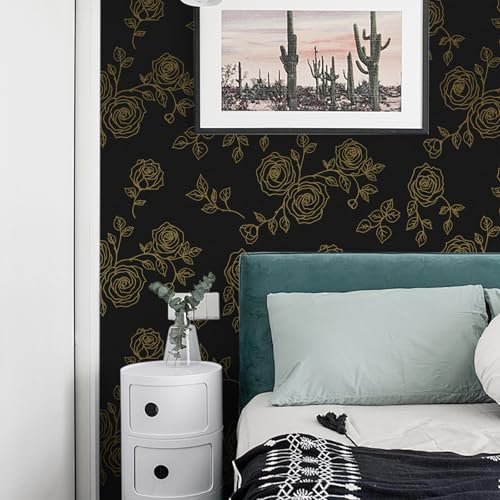 Amiya Black and Gold Floral Wallpaper Peel and Stick Wallpaper Line Boho Retro Renovation of Bedrooms,Cabinets,Etc Contact Paper 17.3" X 120" PVC Removable Wall Paper