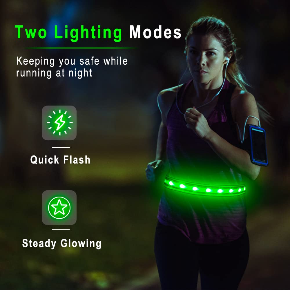 BSEEN LED Running Waist Belt - USB Rechargeable Reflective Glowing LED Waistband, Flashing Safety Light Belt for Runners, Joggers, Walkers, Pet Owners, Cyclists (Neon Green)