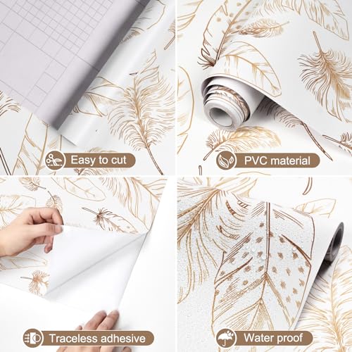 Feather Peel and Stick Wallpaper 17.3"¡¿120" Gold White Contact Paper Modern Feather Wallpaper Self-Adhesive Vinyl Wall Paper Waterproof Contact Papers Shelf Drawer Liner Roll for Bedroom Living Room