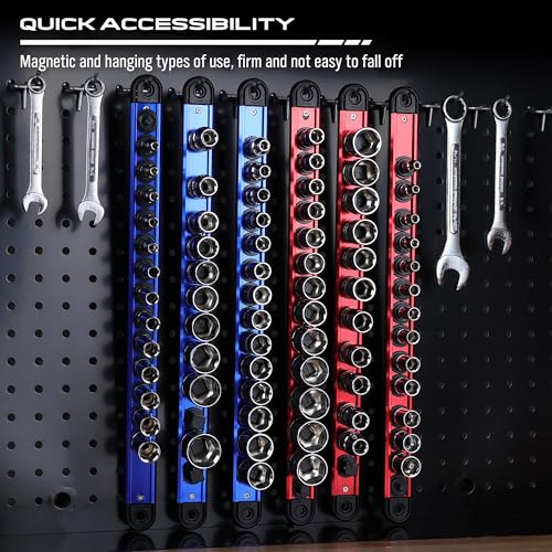Magnetic Socket Holder Organizer Set: 6-Piece Detachable 1/4, 3/8, 1/2 Socket Trays Socket Organizer for Tool Box Drawer Holds 80-Piece Standard Size Sockets for Automotive Mechanic Garage(Red Blue)