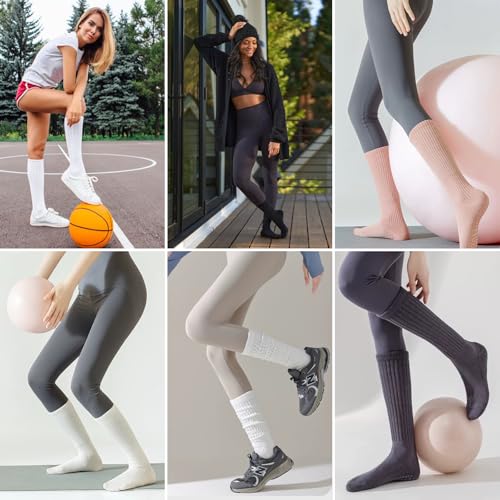 Grip Pilates Socks for Women - 3 Pairs Scrunch Crew Socks - White/Grey/Black