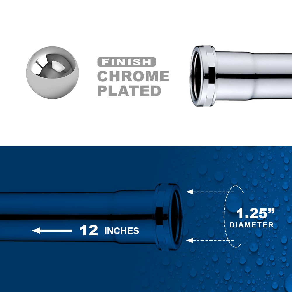 ZM 1-1/4 Inch Heavy Duty Extension Tube with Slip Joint Connection, 12 Inch Length, 22 Gauge, Brass Plumbing Fitting, Chrome