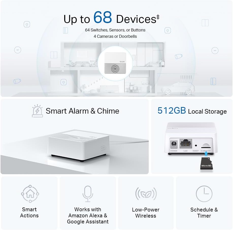 TP-Link Tapo Smart Hub H200 - 64 Device Capacity, Built-In Chime, 512GB Storage