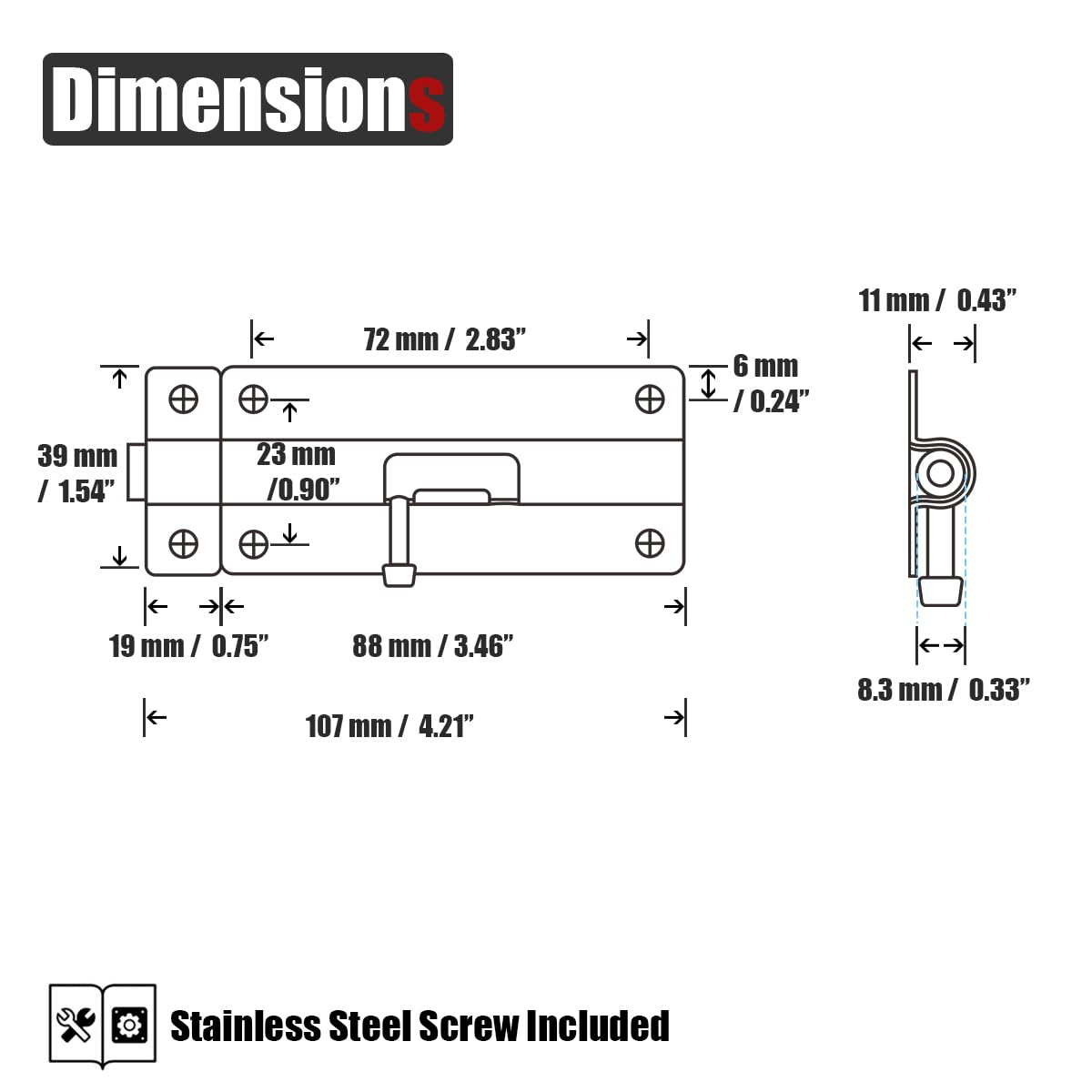 JQK 4 Inch Barrel Bolt Latch, 304 Stainless Steel Slide Bolt Latch, Thicken 1.7mm Plate Door Lock, Black 2 Pack, HBB140-PB-P2