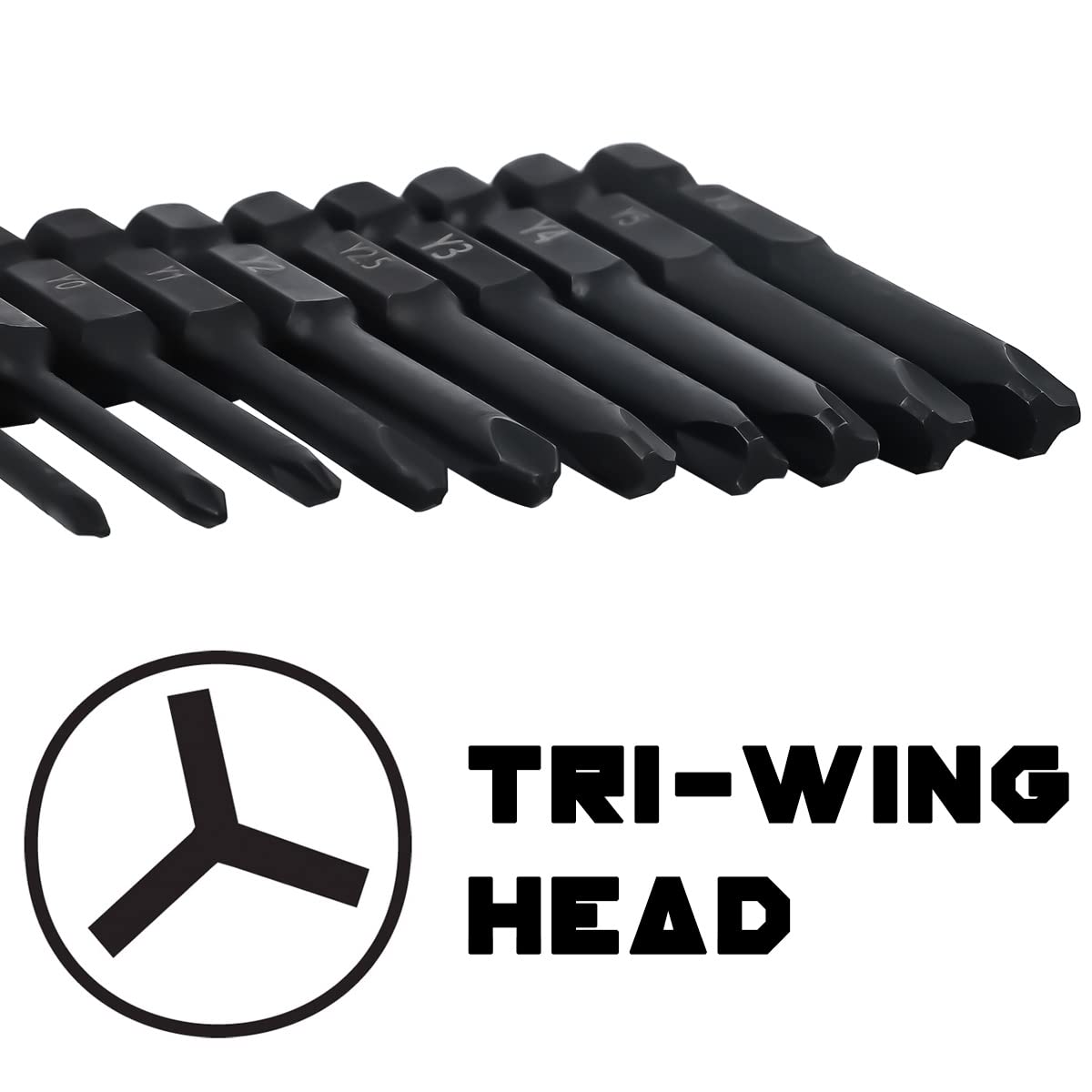 TriWing Bit Set (10 Pack - 2.3" Long Magnetic Heads) in The Following Tri Wing Bits Screwdriver Sizes: Y000, Y00, Y0, Y1, Y2, Y2.5, Y3, Y4, Y5, and Y6