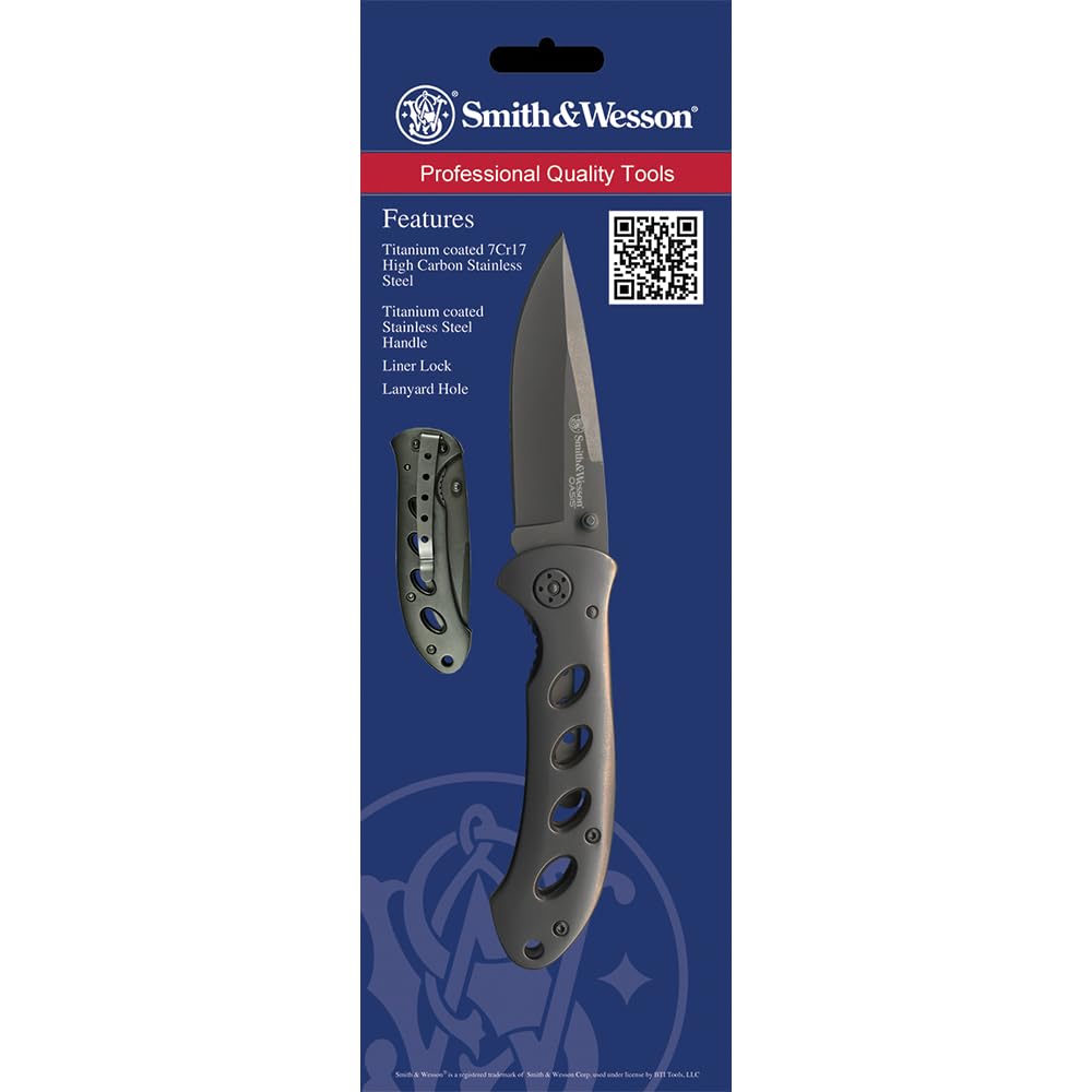 Smith & Wesson Oasis SW423B 7.5in S.S. Folding Knife with a 3.2in Serrated Drop Point Blade and Titanium Coated Handle for Outdoor, Tactical, Survival and EDC