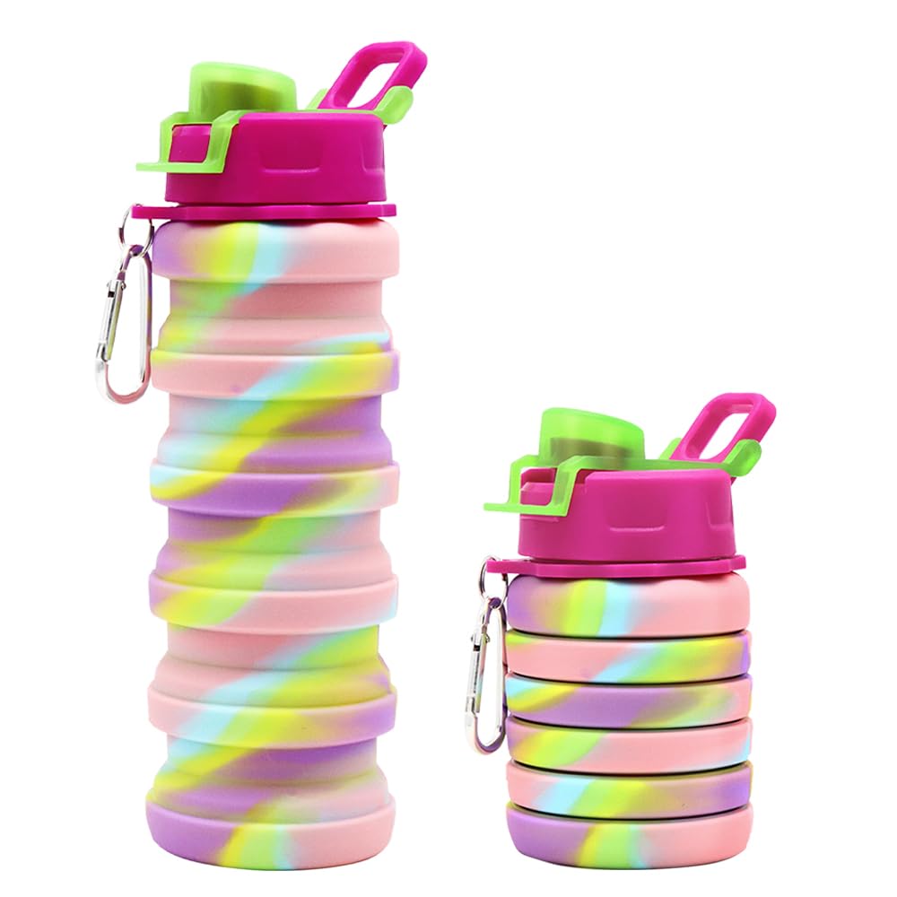WATMHHJQ Silicone Collapsible Water Bottles, 16oz 500ml Portable Foldable Expandable Water Bottle Sports Cups, Leak Proof Reusable BPA Free, for Outdoor Activities Travel(Pink-B)