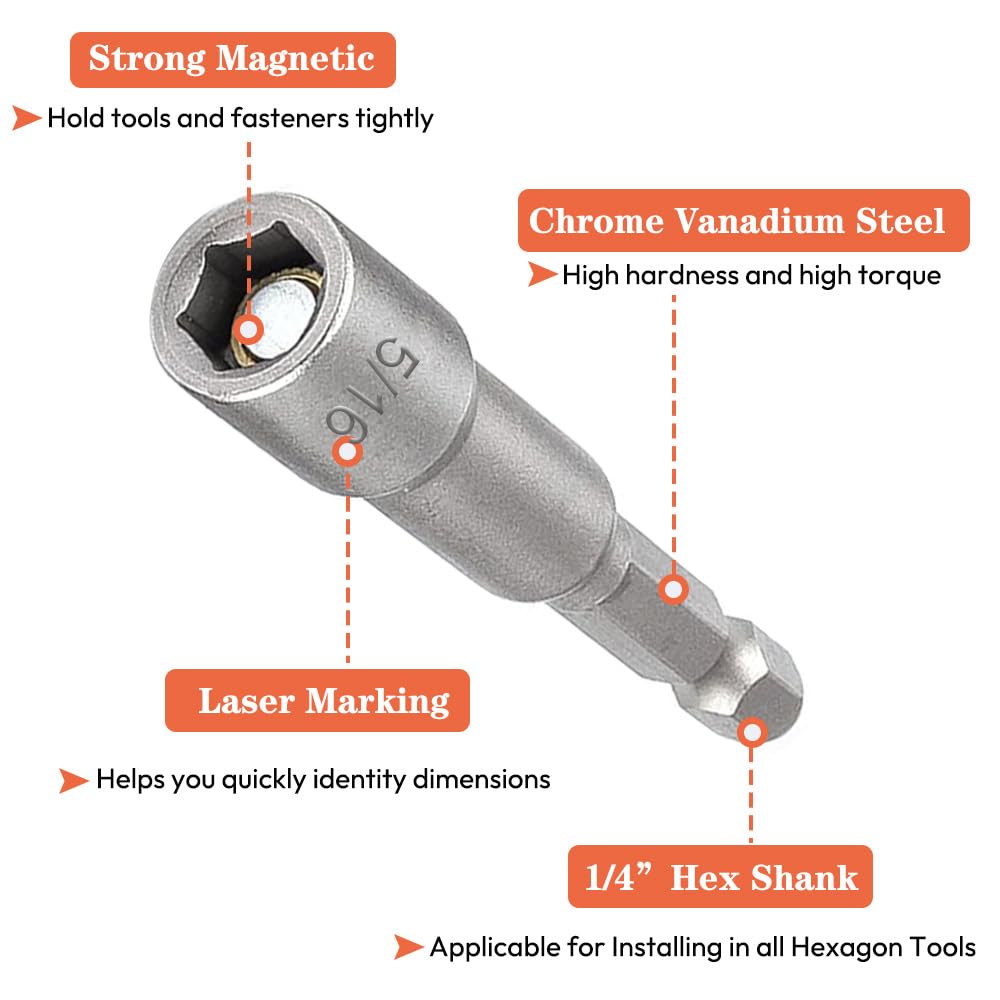 Saipe 10pcs SAE 1/4” and 5/16” Magnetic Nut Driver Bit Set, 1/4 inch Driver Power Nut Setter Drill Bits for Impact Drill, Socket Adapter Hex Nut Driver Set, 65mm Length