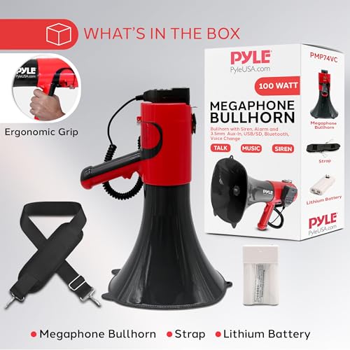 Portable Megaphone Bullhorn - Bluetooth Speaker with Voice Changer, 1500 Yard Range - Red & Black