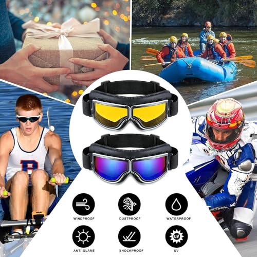 Frienda 2 Pack Motorcycle Goggles Vintage Pilot Style Cruiser ATV Dustproof Windproof Yellow & Blue