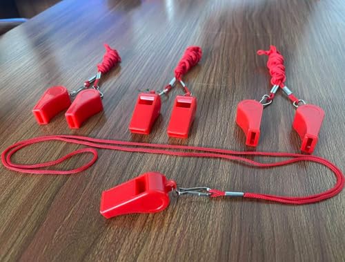 Red Plastic Sports Whistles with Lanyard - 20 Pack Referee & Emergency Use