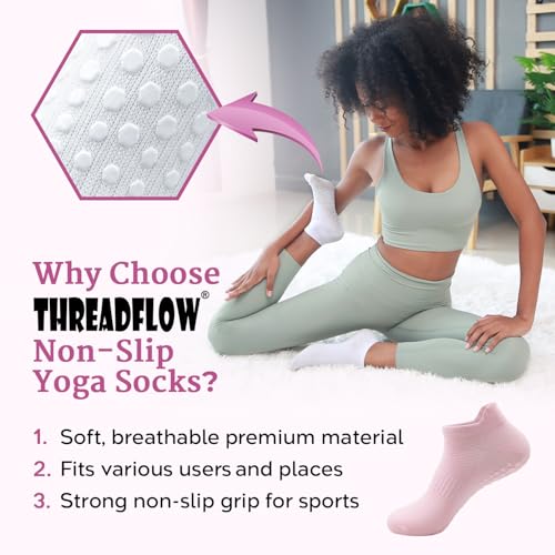 Non-Slip Pilates & Yoga Socks - 4 Pack Combed Cotton Grippy Socks
