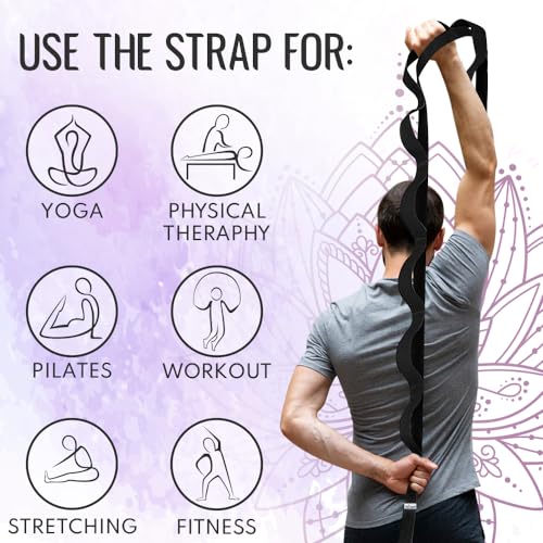 Stretching Strap with 10 Loops for Physical Therapy & Yoga - Black, 1" Wide