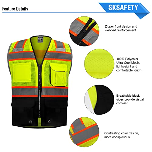 SKSAFETY 10 Pockets Hi Vis Safety Vest with Reflective Strips, ANSI/ISEA Standard, Class 2 High Vis Security Vest (Lime Black, M)