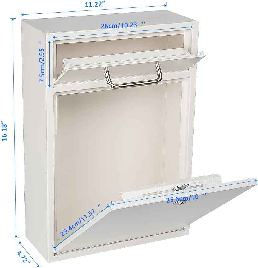 Secure Wall-Mount Mailbox with Lock | KYODOLED Large Steel Drop Box, Black, 16.2H x 11.22L x 4.72W