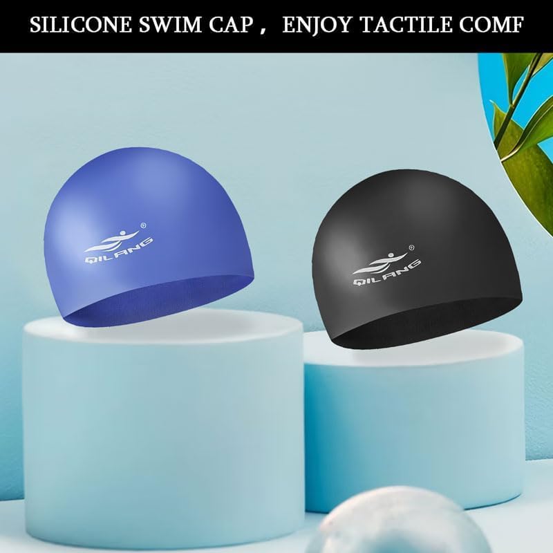 Kids Silicone Swim Caps - Waterproof 2 Pack, Blue & Black
