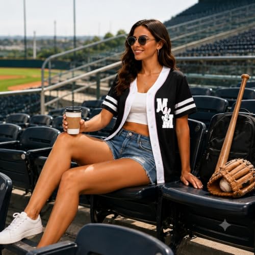 Women's Black Large Minnie Baseball Jersey - Short Sleeve Button Down Graphic Tee