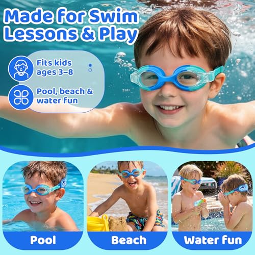 Vvinca Kids Swim Goggles Shark Blue / Adventure - Toddler Pool Goggles with Fabric Strap, No Tangle, 2-8 Years