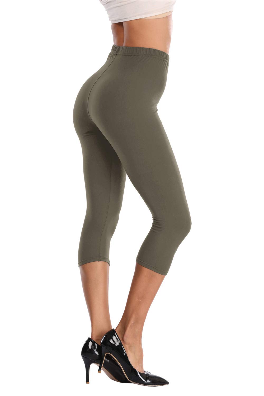 Women's Soft Capri Leggings 3/4 Cropped Leggings High Waisted Capris Tights,ArmyGreen